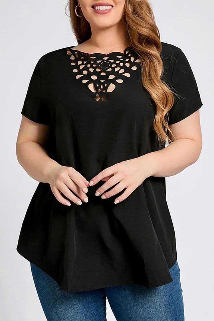 Flycurvy Plus Size Black Boat Neck Hollow Out Short Sleeve Casual Solid T-shirt  Flycurvy [product_label]