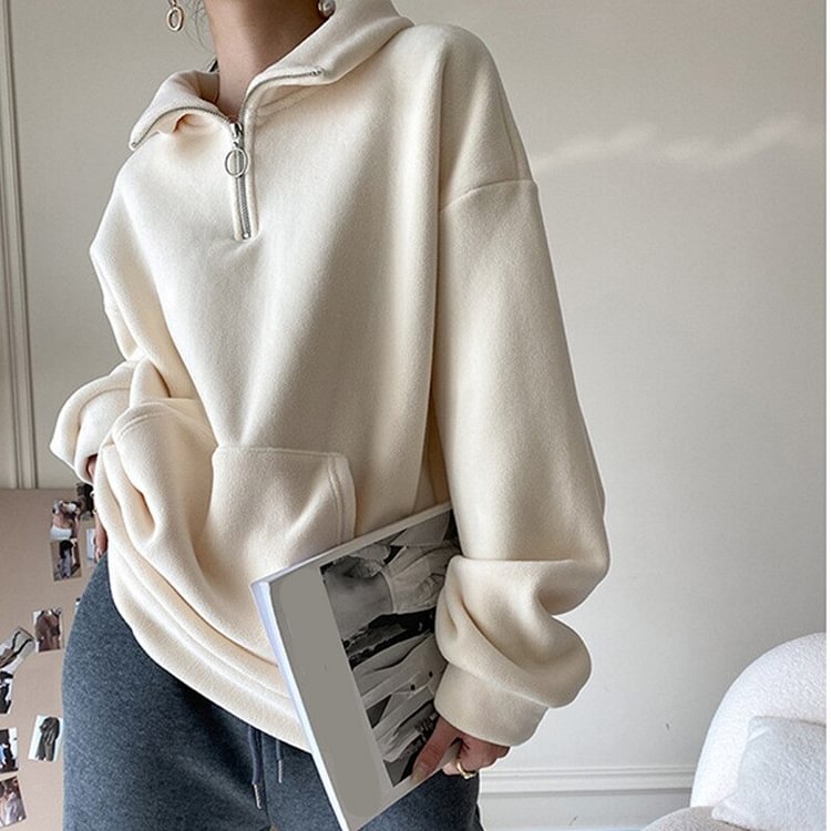 Casual Solid Color Turtleneck With Zipper Pocket Long Sleeve Sweatshirt 