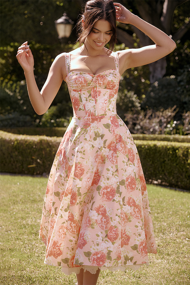 Floral Print Front Tie Up Corset A-Line Garden Party Slip Midi Dresses-Pink