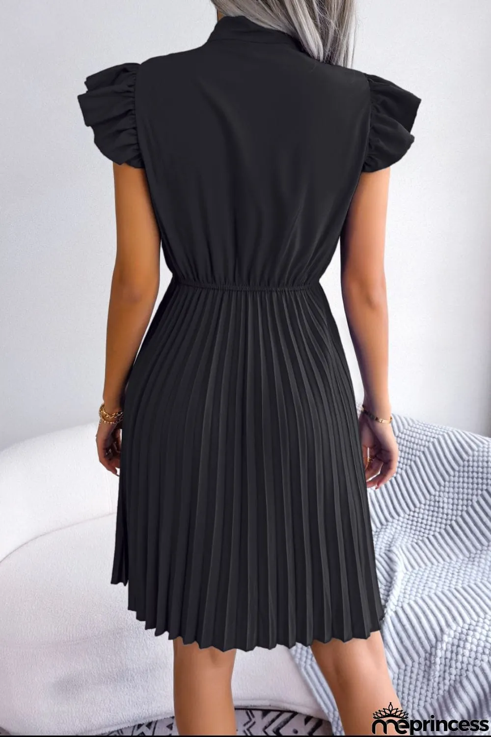 Tie Neck Butterfly Sleeve Pleated Dress