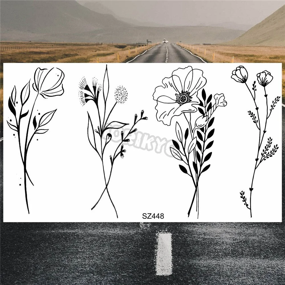 Black Poppy Flower Temporary Tattoos For Women Kids Realistic Lavender Plum Waterproof Fake Tattoo Sticker Tattoo Arm Body