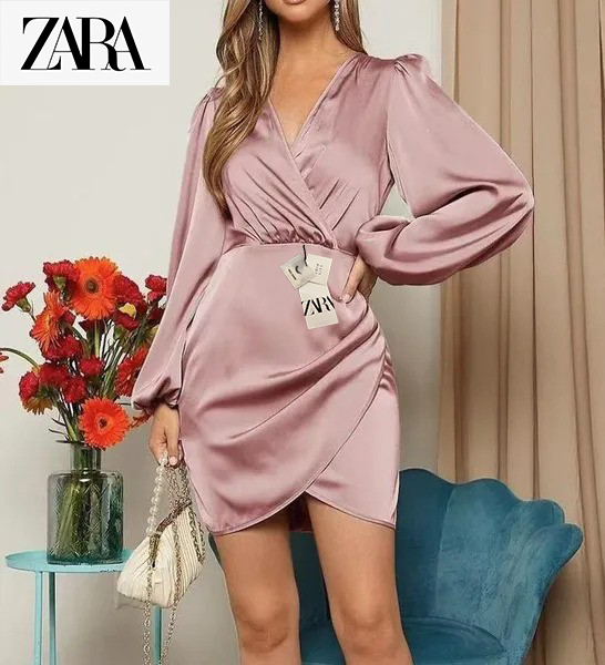 Dámské prodyšné temperamentní šaty @Zara s výstřihem do V a dlouhým rukávem