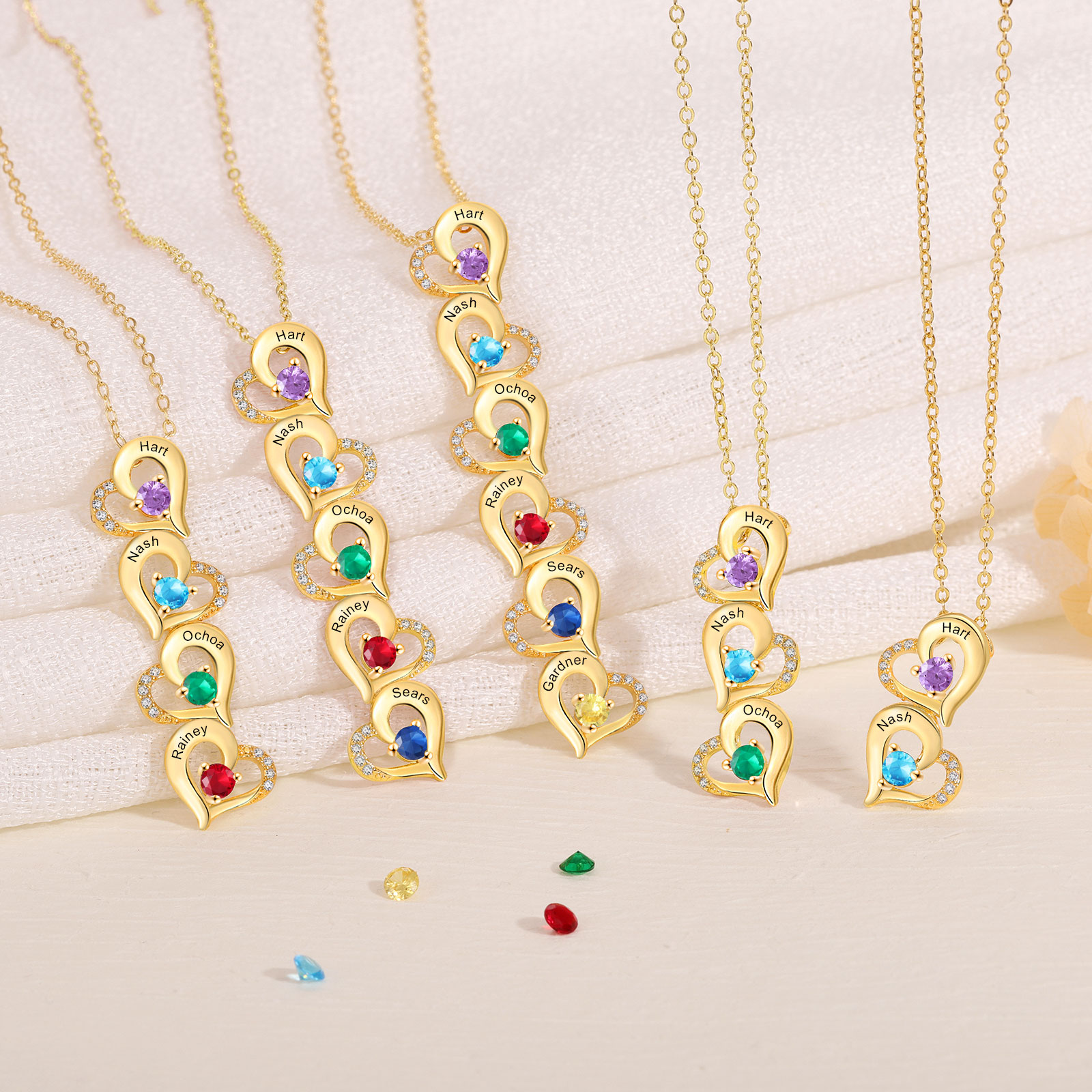 3 Names - Personalised Heart Pendant Necklace Custom Birthstones & Names Necklace Birthday Gift for Her-Jessemade AU