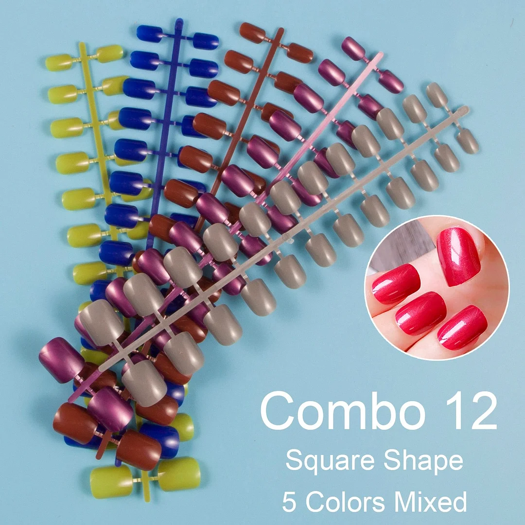 24 Pieces/Set, 5 Sets Mixed Colors Short Square False Nail Tips Press on Fake Nail Tips 10 Sizes Full Cover Nails Combo 09-Nail Inspo