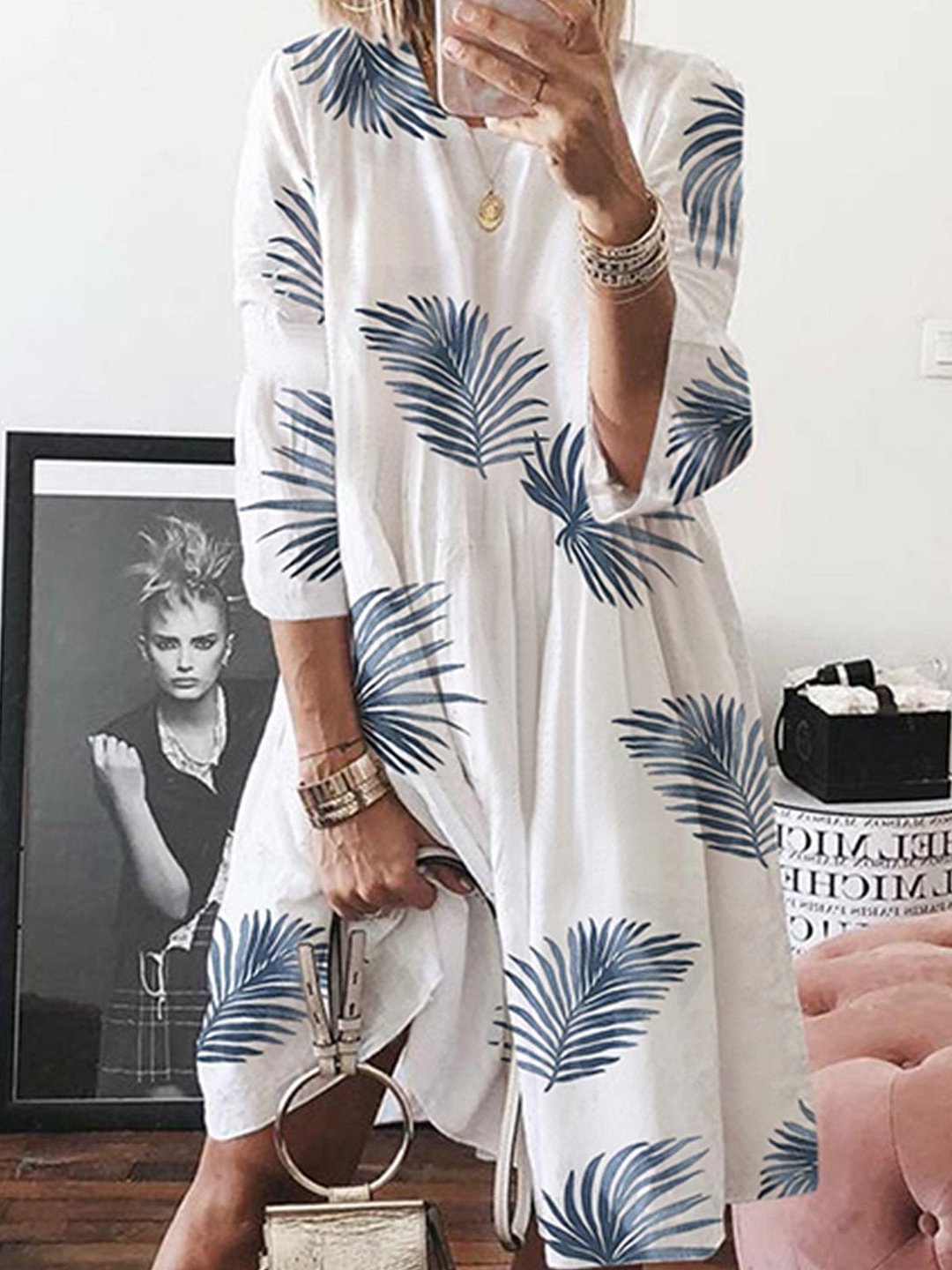 Half Sleeve Cotton-Blend A-Line Round Neck Summer Dress White Dresses | EGEMISS