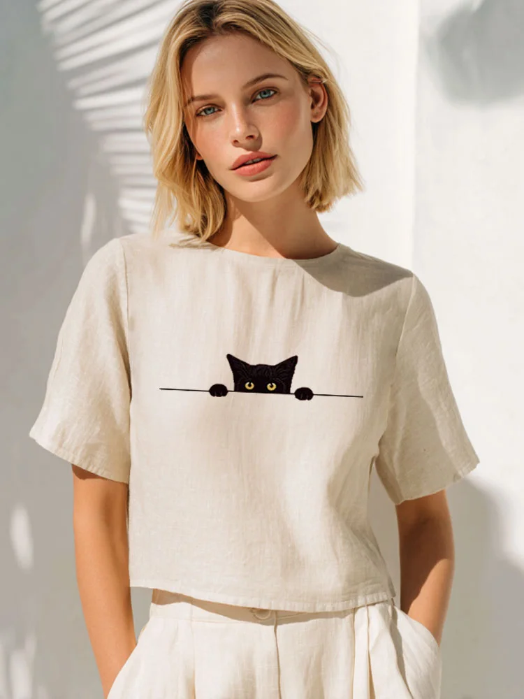 Simpfit Lässiges, lustiges T-Shirt mit schwarzem Katzen-Print für Damen
