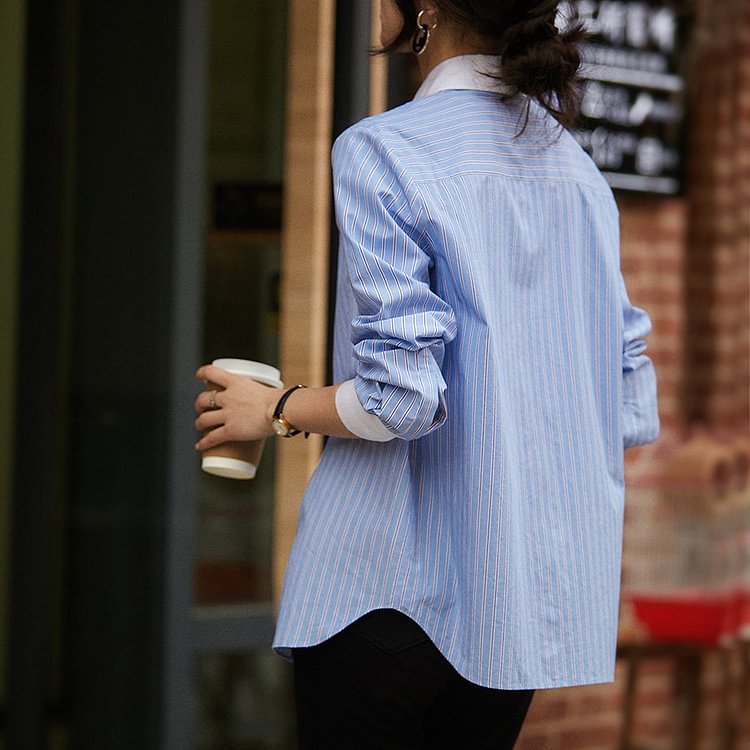 Blue Casual Paneled Long Sleeve Stripes Shirts & Tops