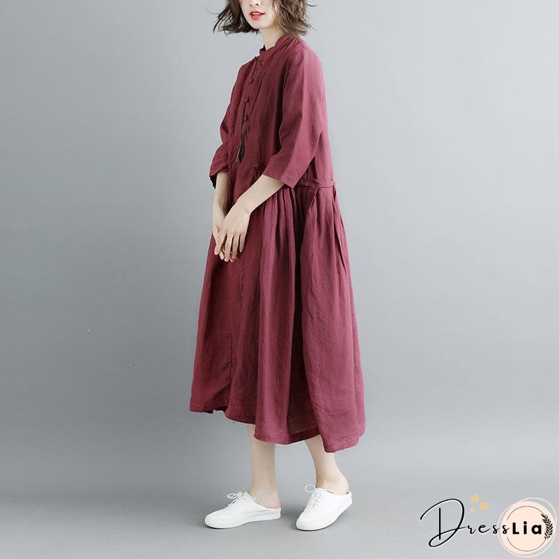 Summer Short Sleeve Buttons Pockets Purple Pleated Retro Dress