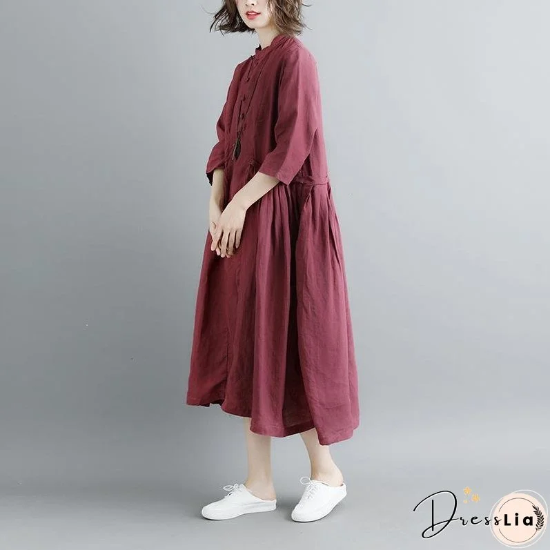 Summer Short Sleeve Buttons Pockets Purple Pleated Retro Dress