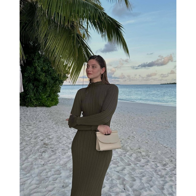 Ootddress Autumn Ruffled Knitwear Long Dress Female Long Sleeve Loose Ribbed High Waist Maxi Dress Streetwear Knit Solid Women Dress
