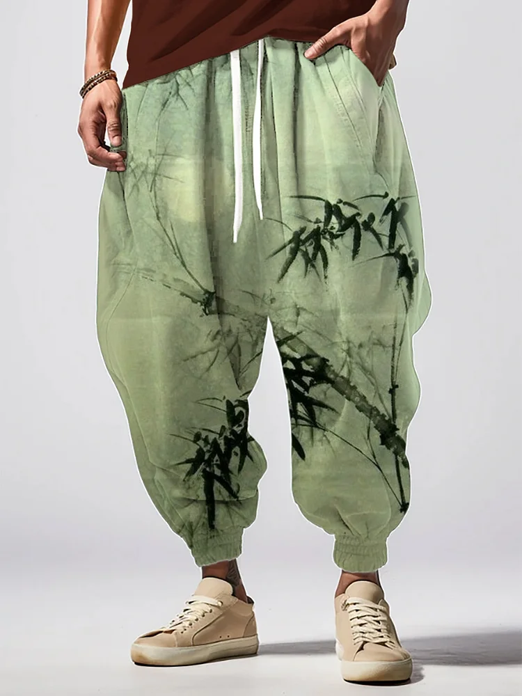 Men's Bamboo Leaves Ink Painting Print Loose Drawstring Waist Sweatpants