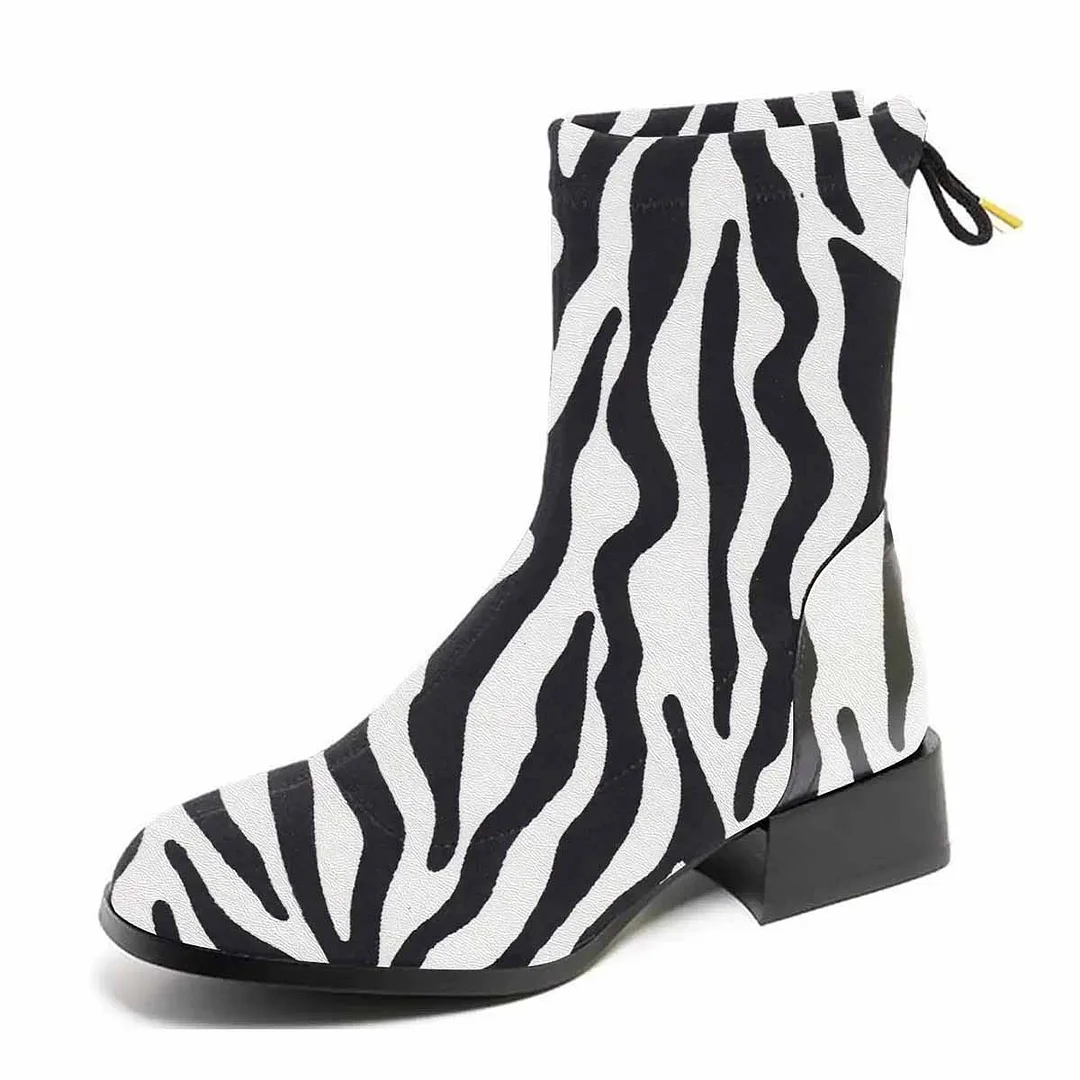 Black & White Zebra Printed Round Toe Lace-Up Ankle Booties