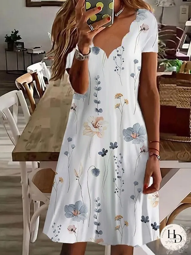 Casual Dress Summer Dress Print Dress Floral Print Scalloped Neck Mini Dress Active Fashion Outdoor Daily Short Sleeve Regular Fit White Light Green Green Summer Spring S M L XL XXL for Women