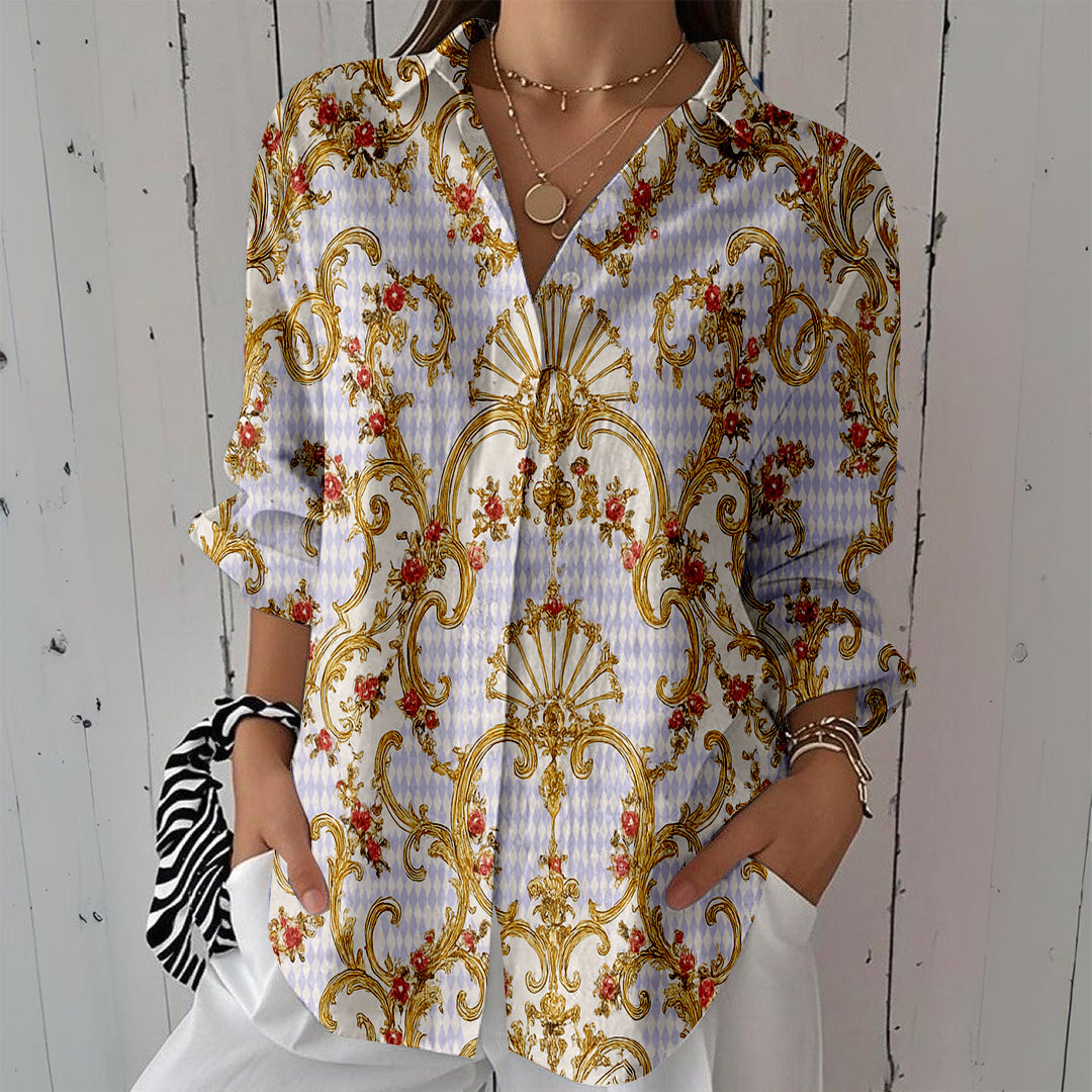 Women Long Sleeve V-neck Graphic Floral Printed Top