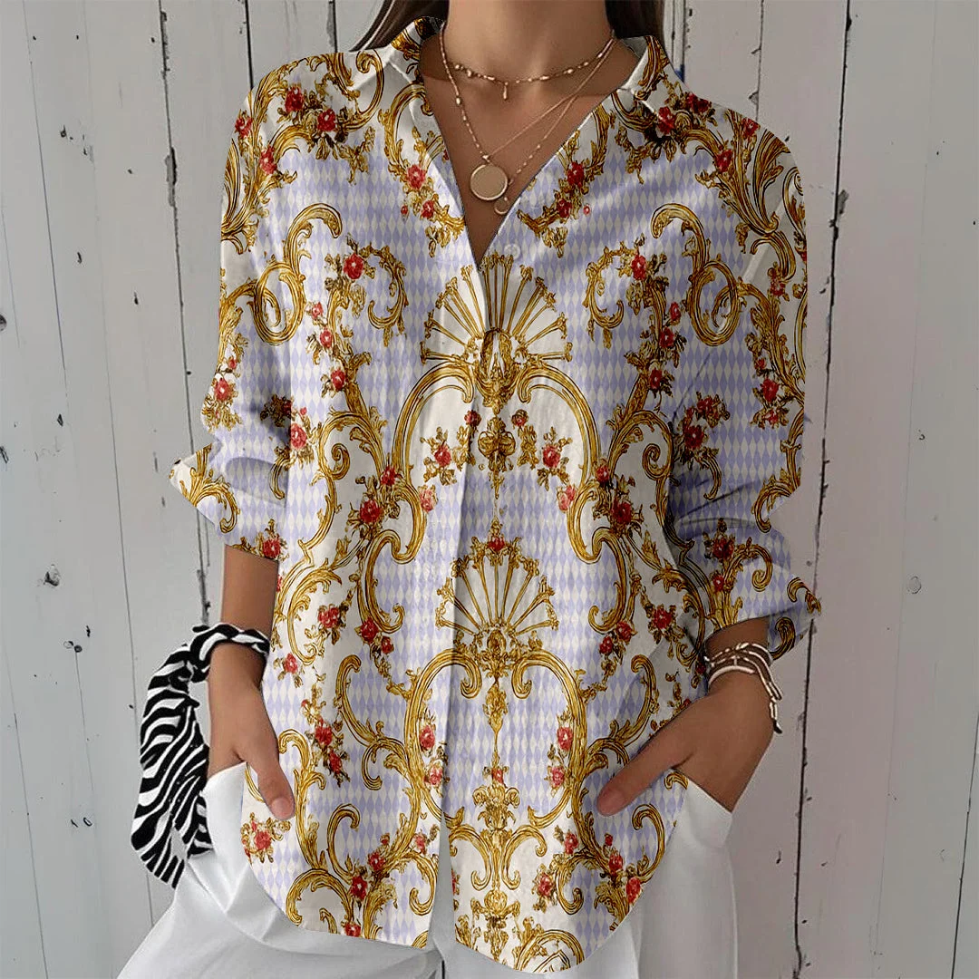 Style & Comfort for Mature Women Women Abstract, Gold, Light Purple DZCL0133 3/4 Sleeve Shirt Collar Printed Button Tops