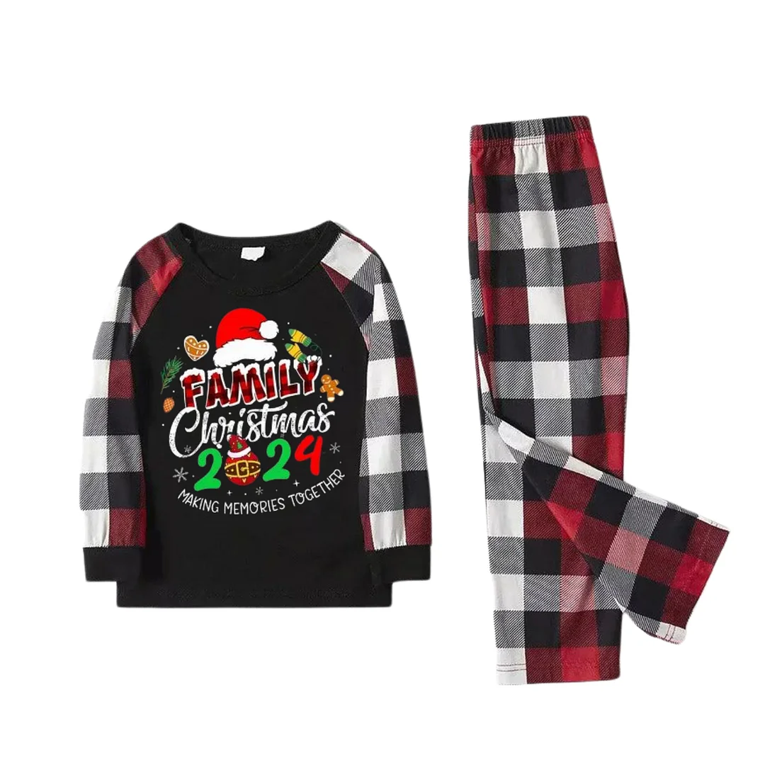 Santa Hat And "Family Christmas 2024 " Colorful Text Printed Pattern - Black Top with Red&Black&White Plaid Sleeves - Family Matching Pajamas