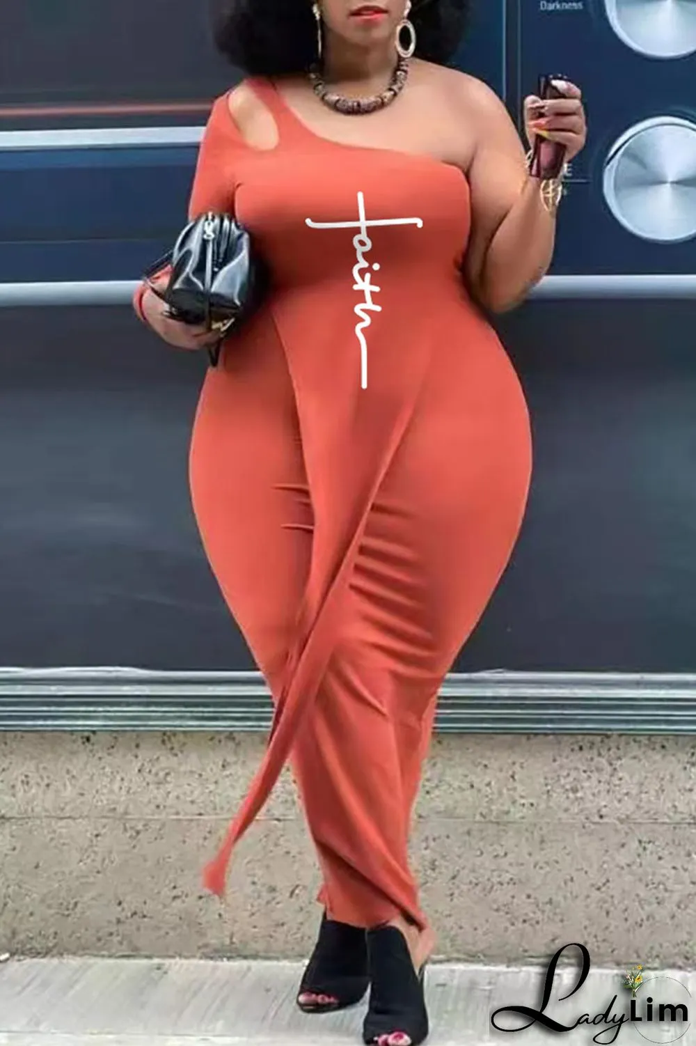 Black And White Sexy Street Print Patchwork Asymmetrical Oblique Collar Plus Size Two Pieces