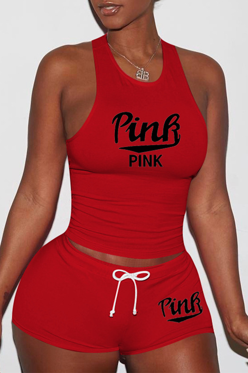 Red Sexy Print Patchwork U Neck Sleeveless Two Pieces | EGEMISS