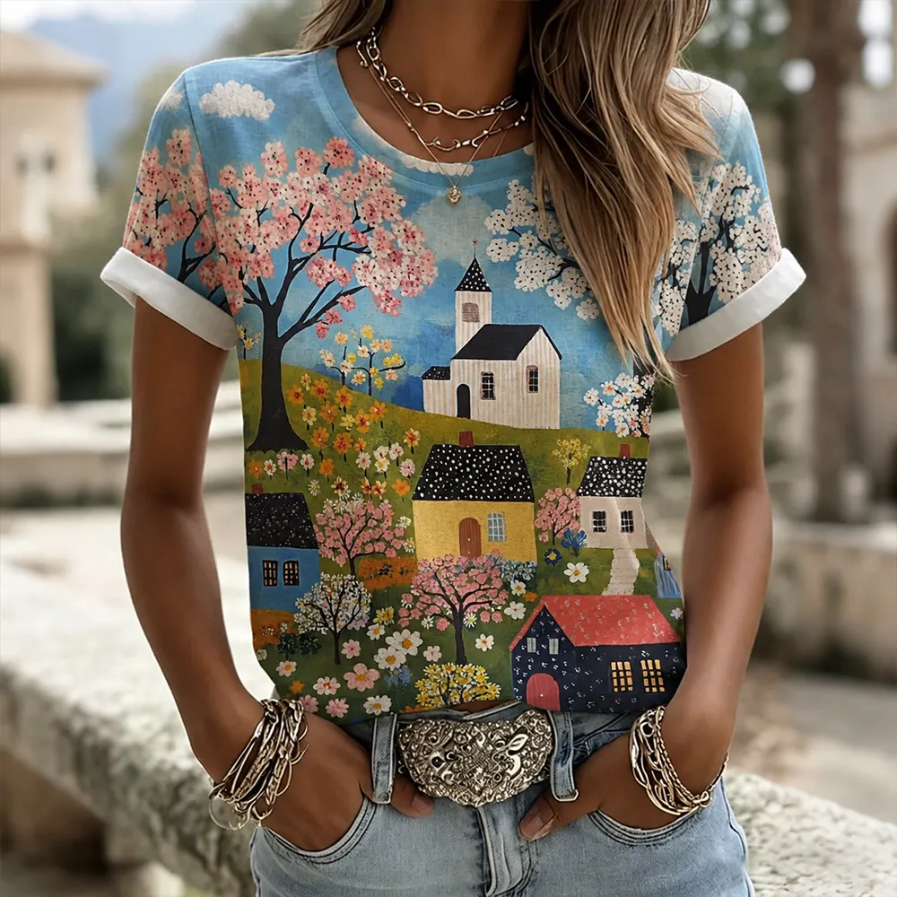 Comstylish Women's Vintage Landscape Geometric Art Patchwork Casual Crew Neck T-shirt