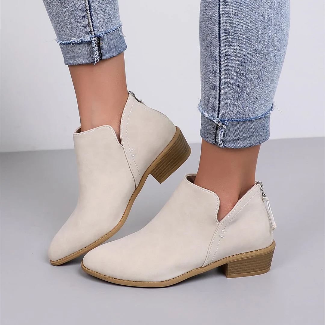 British Style Pointed Toe Casual Back Zip Low Heel Chunky Heel Booties