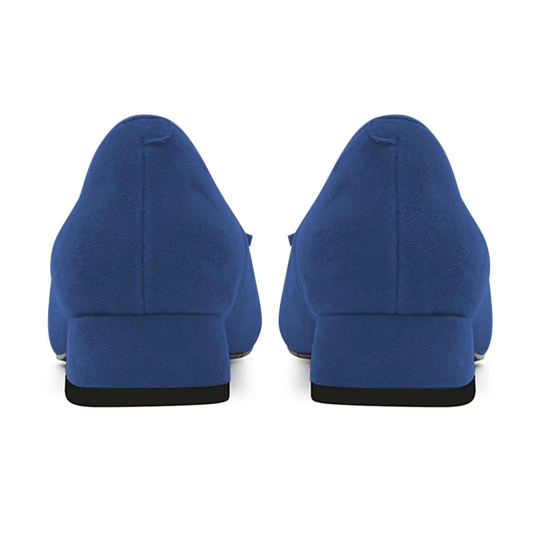 Dark Blue Vegan Suede Square Toe Tassel Block Heeled Loafers