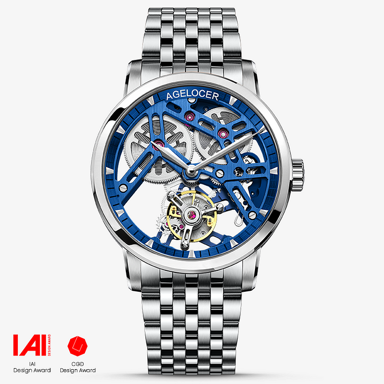 Agelocer Free-Sprung Tourbillon Men's Skeleton Blue Mechanical Watch-Steel Strap