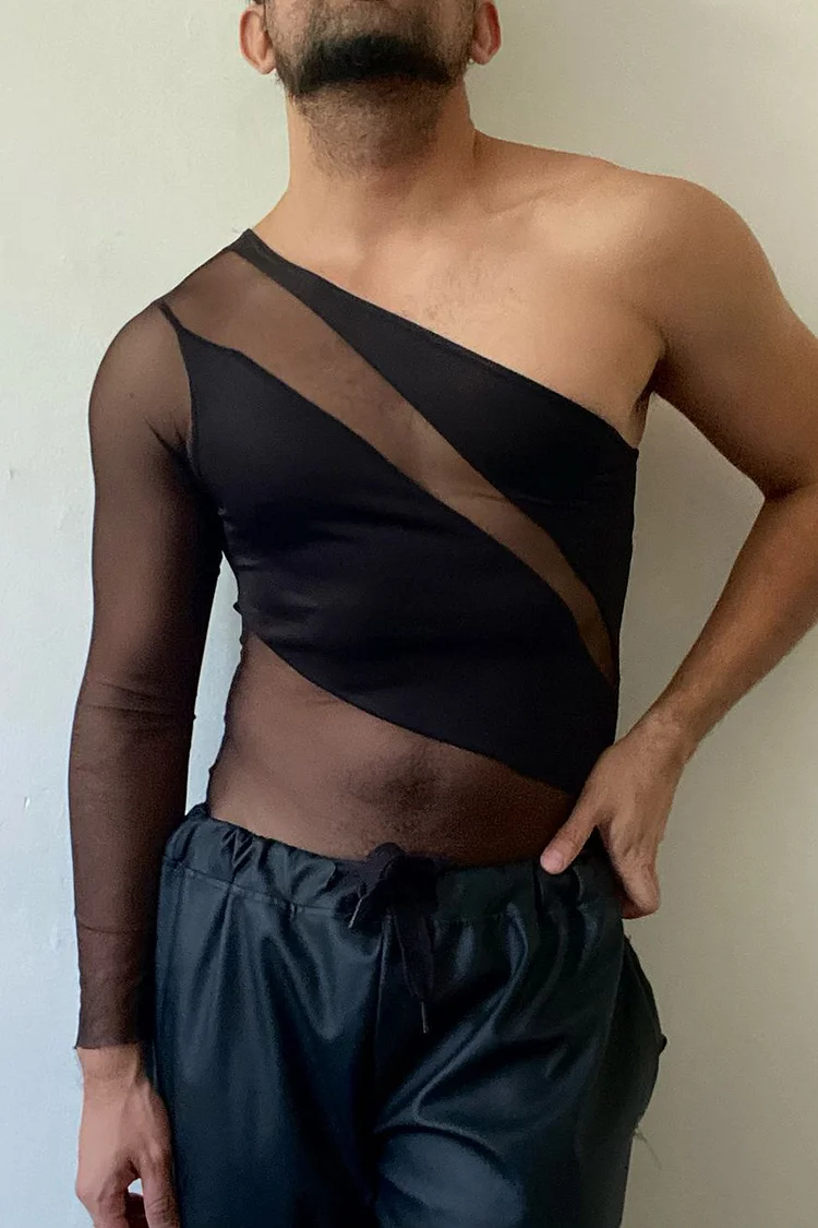 Mesh See-Through Patchwork One Shoulder Stretchy Top [Pre-Order]