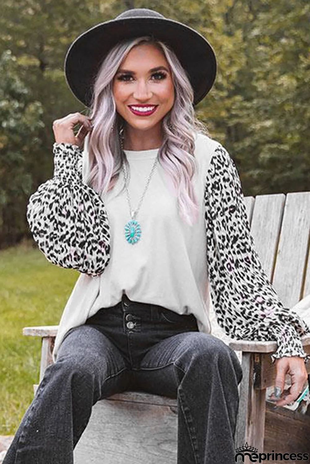 Print Crew Neck Puff Sleeve Top
