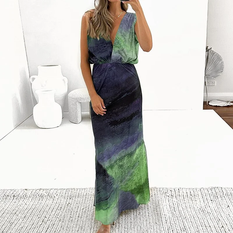 Holiday Dress Women Summer Deep V-Neck Loungewear Tie-Dye Fashion Simple  Sleeveless Maxi Dress Backless Ladies Party Dress