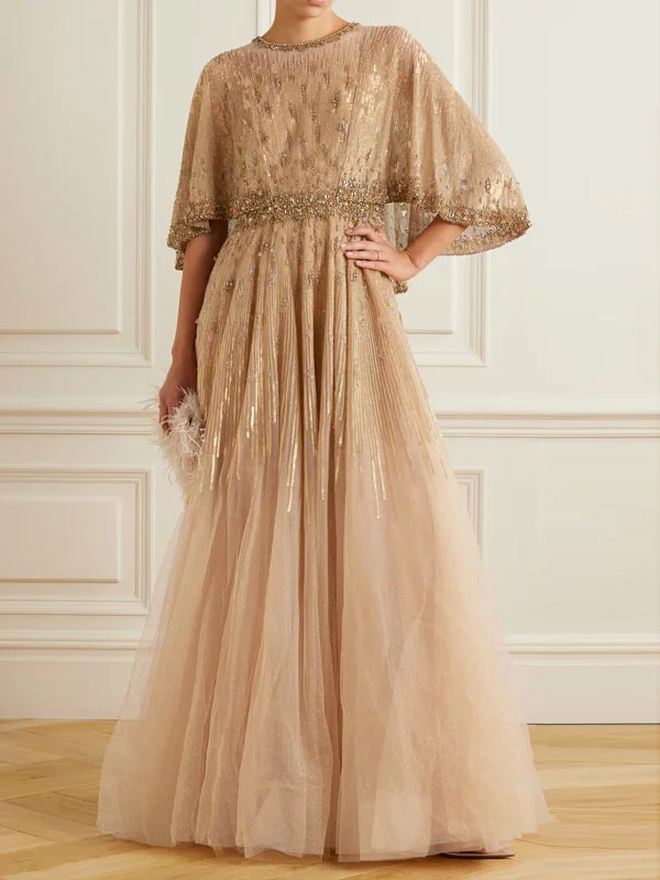 Parisa Cape-effect Embellished Glittered Tulle Gown