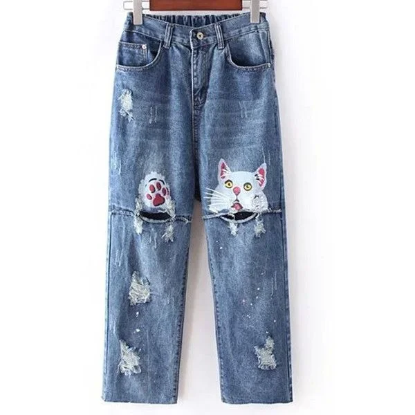 Retro Cute Cat Abstract Art Design Jeans
