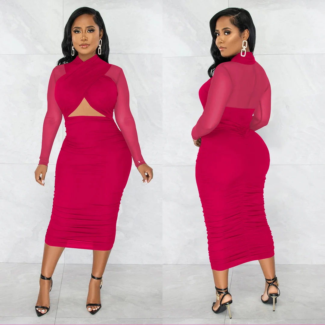 Churchf Churchf Fashion Women's Mesh Long Sleeve Solid Color Wrapped Breast Crop Dress