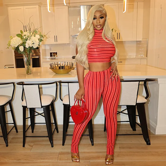 Striped Printed Red Two Piece Set Women Casual Crop Tank Tops And Pencil Pants Matching 2024 Summer Fitness Tracksuits