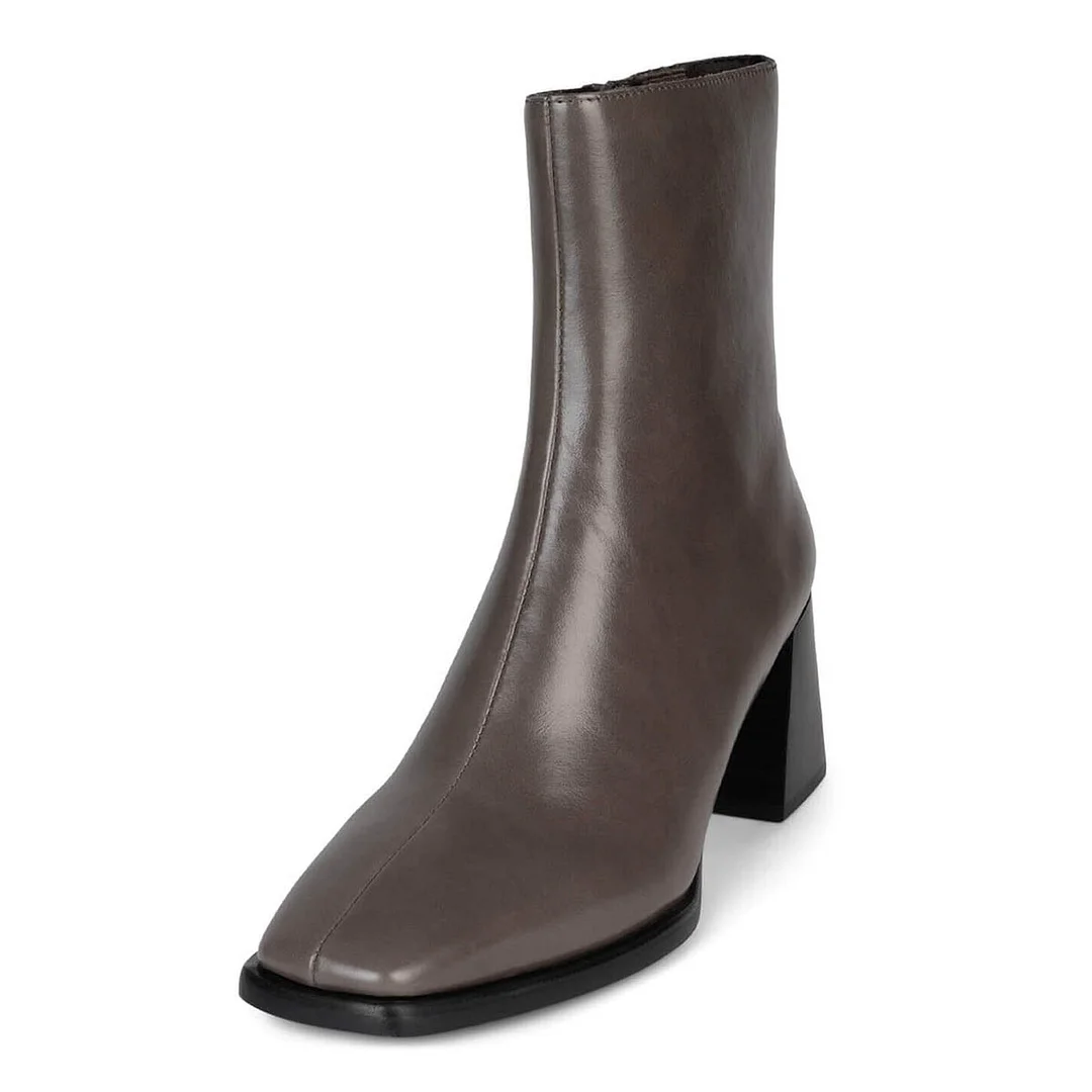Vegan Leather Square Toe Chunky Heel Zipper Grey Booties for Women