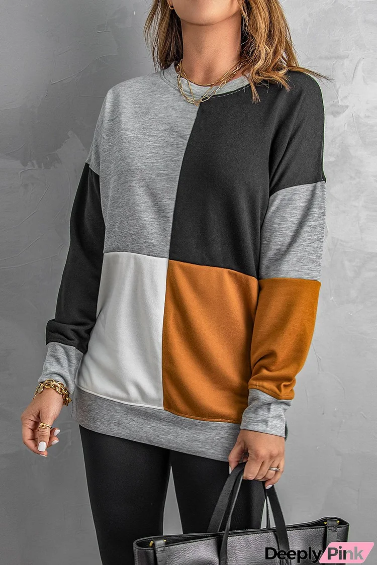 Women's Gray Color Block Round Neck Long Sleeves Pullover Sweatshirt