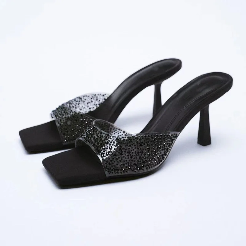 Zhungei Heel Slippers Women Summer Black Transparent Heeled Sandals Luxury Rhinestones Sandals Woman Comfort Plus Size Heels