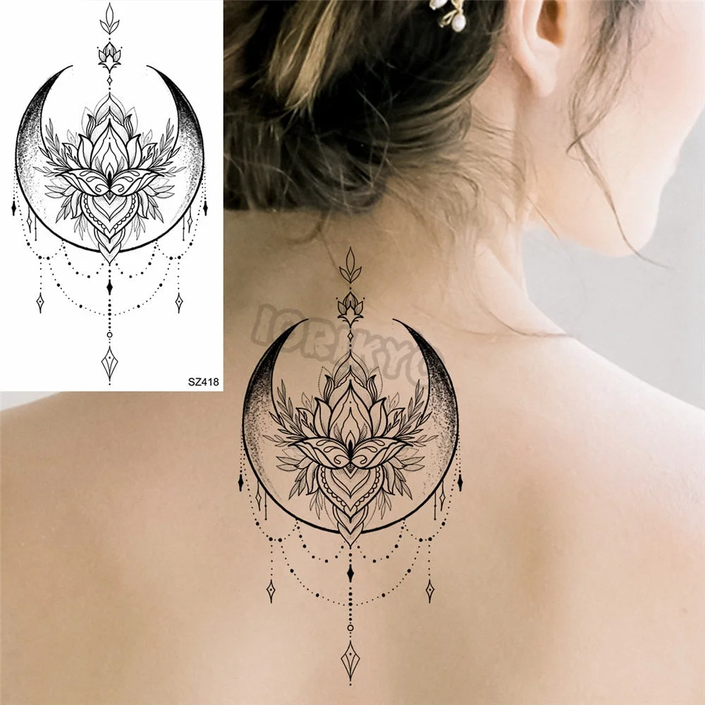 Black Pencil Sketch Henna Lotus Temporary Tattoos For Women Girls Realistic Planet Dandelion Fake Tattoo Sticker Back Arm Tatoos
