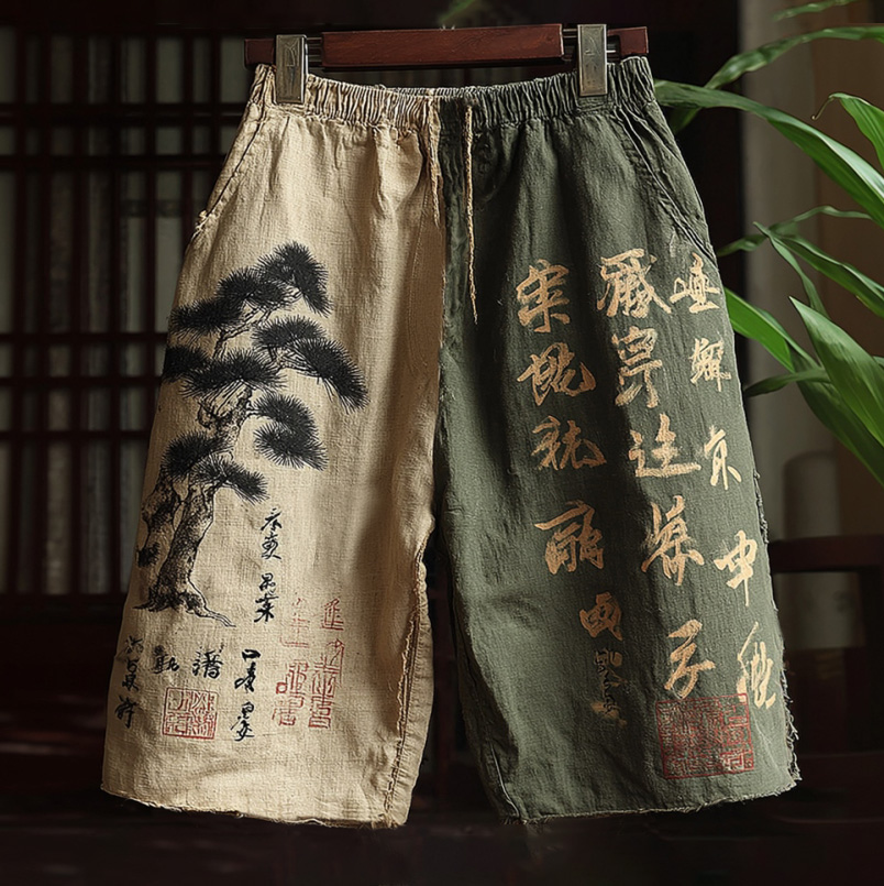 Men's Japanese Pine Tree Calligraphy Pattern Linen Shorts  artssus