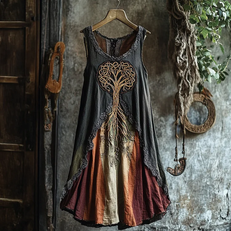 Utbros Tribal Celtic Knot Life Of Tree Lace Contrast Color Art Linen Tank Dress