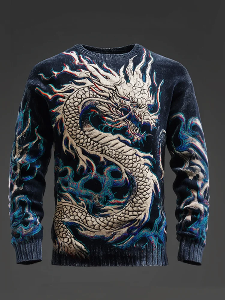 Japanese Art Style Dragon And Fire Pattern Retro Men's Sweater