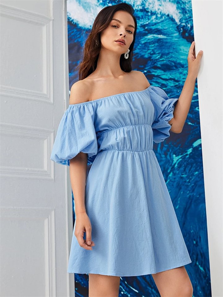 Sky Blue Dress Casual One Line Collar Dress Ins Style | EGEMISS
