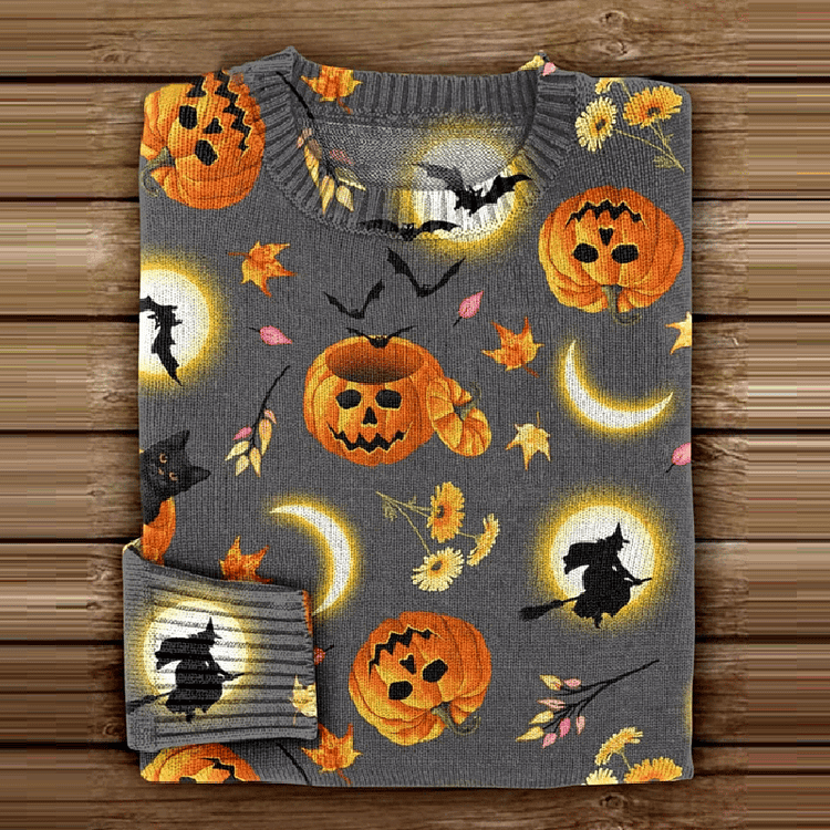 Women's Halloween Pumpkin Print Casual Knitted Sweater