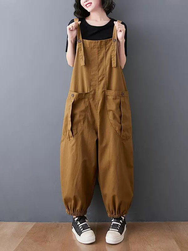 Loose Solid Color Large Pocket Strap Jumpsuit