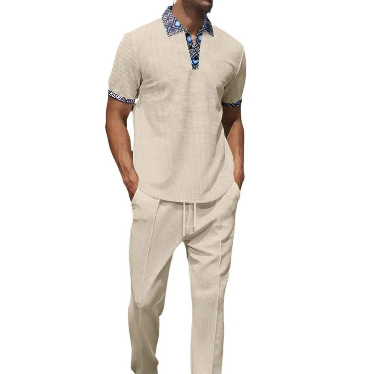 Men's Colorblock Printed Waffle Short-Sleeved Polo Shirt And Trousers Set 
