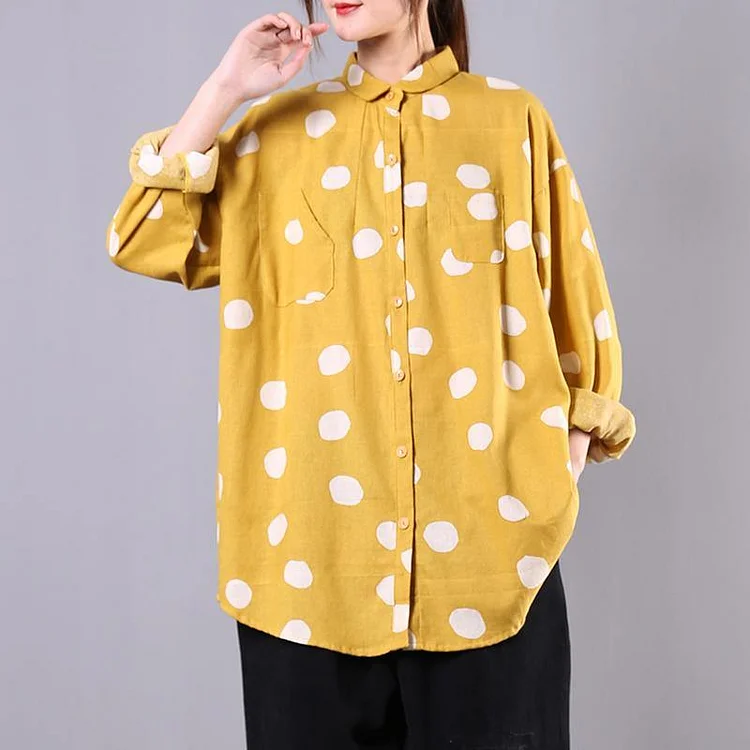 Modern lapel baggy cotton tops Tunic Tops yellow dotted shirt