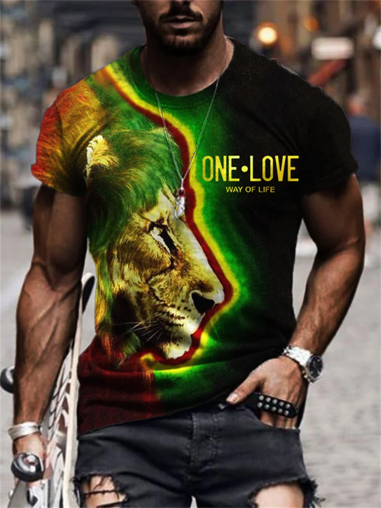 BrosWear Men's One Love Glowing Rasta Lion Graphic T Shirt