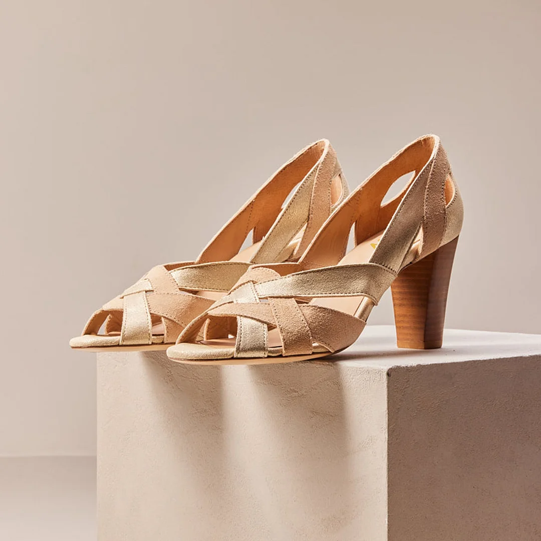 Beige & Gold Open Round Toe woven Inlay Pumps with Block Heel