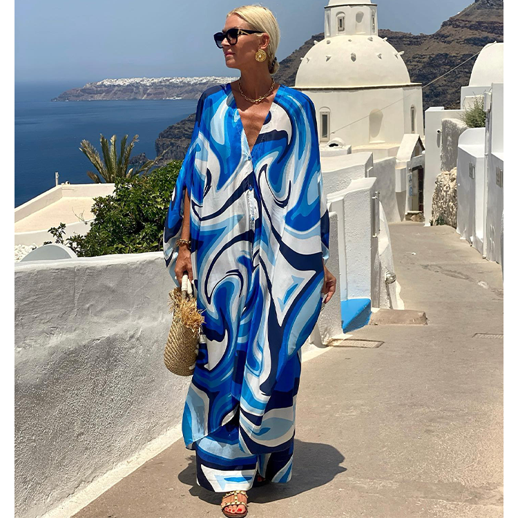 V Neck Dolman Sleeve Prined Casual Two Piece Set