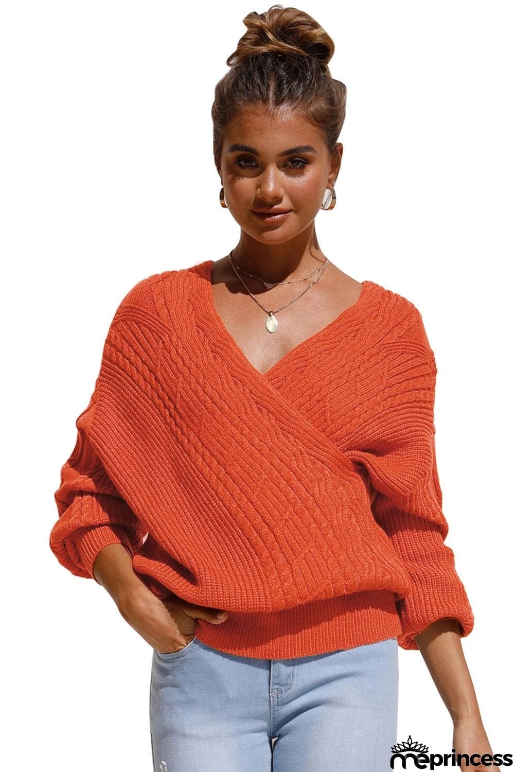 Beige Wrap V Neck Lantern Sleeve Textured Sweater