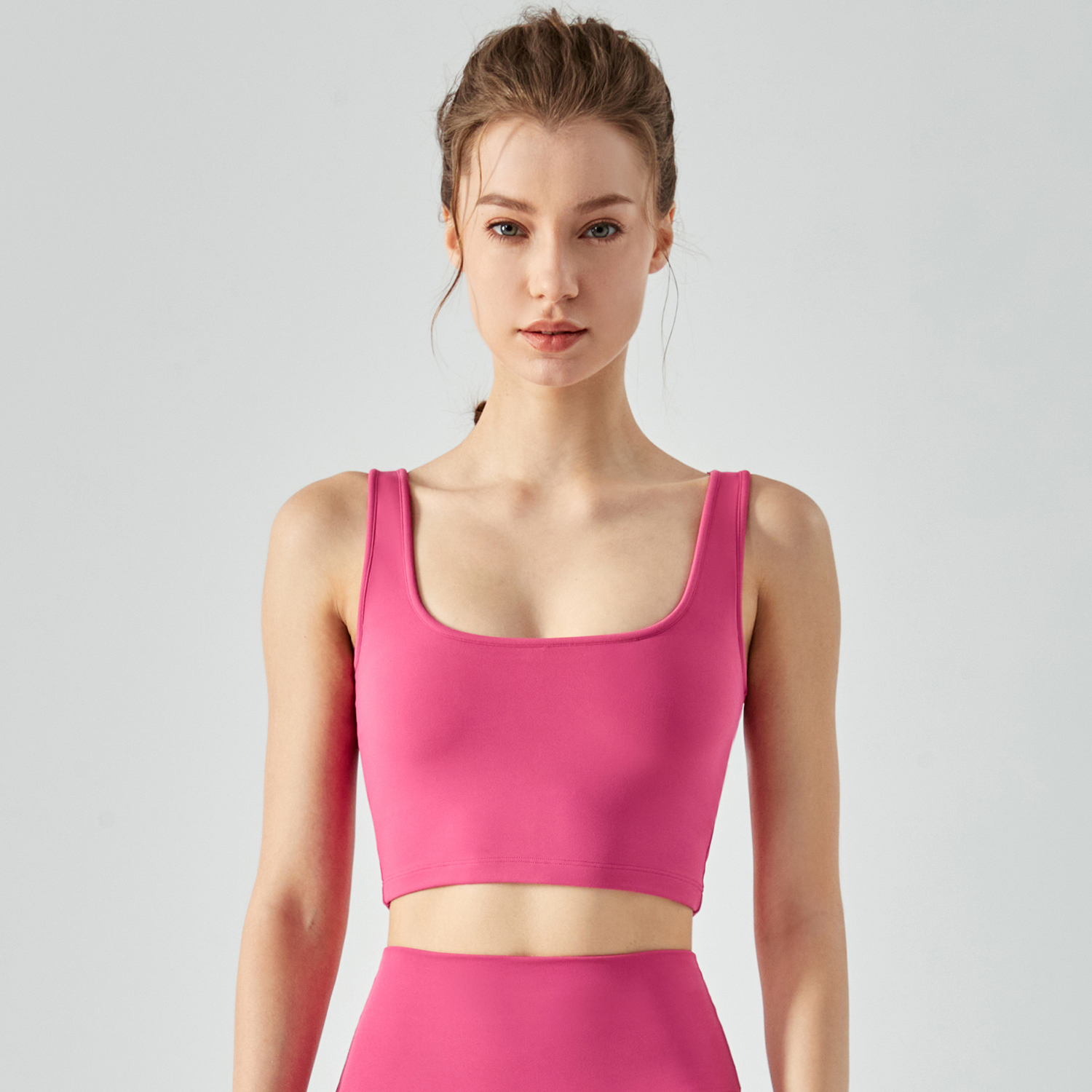 Different types of square neck u back sustainable outerwear yoga sports bra with removable pads online shopping on Hergymclothing Pink Lychee
